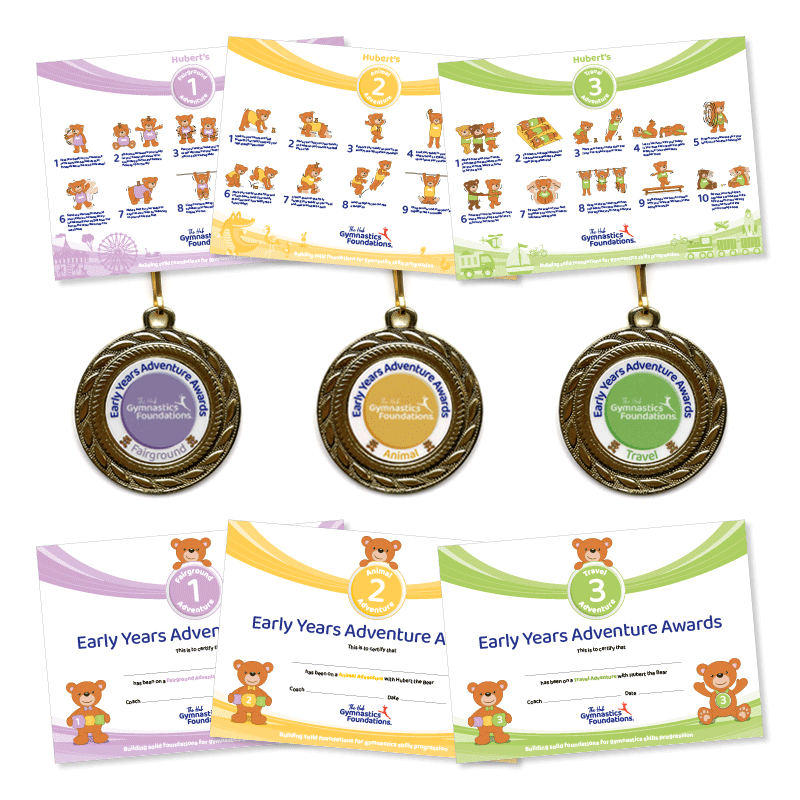 Early-Years-Starter-Pack Hubert the gymnast bear starter pack certificates medals tick sheets Animal trave fairground adventure